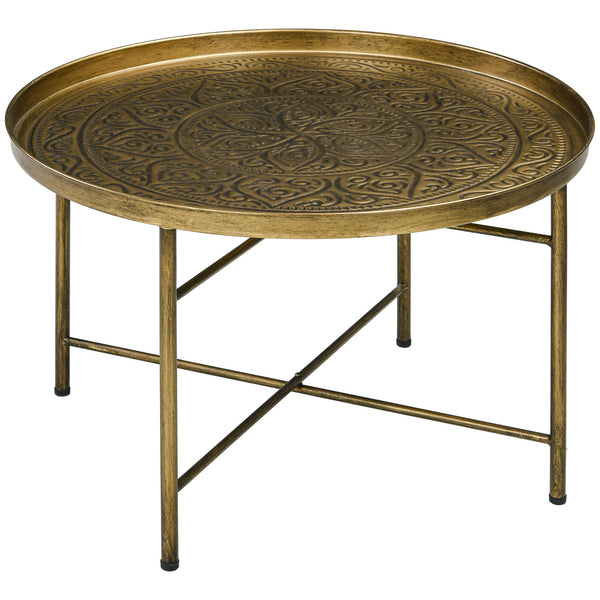 English Elm HOMCOM Vintage 24" Round Coffee Table with Hammered Floral Tray Top, Gold Metal Frame, Stable Chic W2225P200420