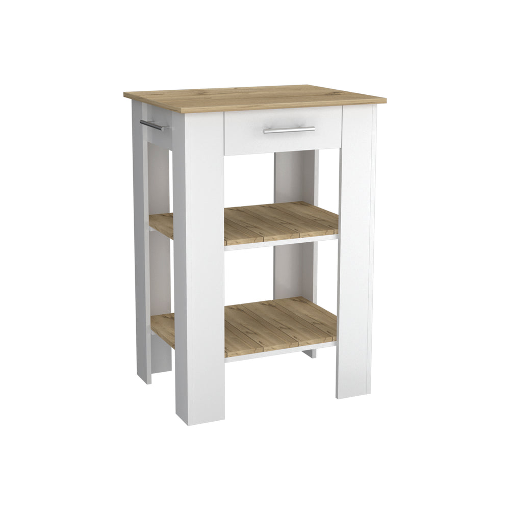 English Elm Brooklyn Two-tone Kitchen Island with Oak Top Open Shelves Drawer and Towel Rack B128P148882