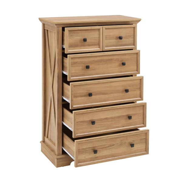 English Elm 6 Drawer Dresser Oak Finish Tall Chest with Silent Metal Rails, Modern Handles, Spacious Storage W2275P206605