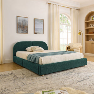 English Elm Queen Platform Bed Curved Headboard Circle Yarn Fabric with Four Wheeled Storage Drawers Green W487S00478