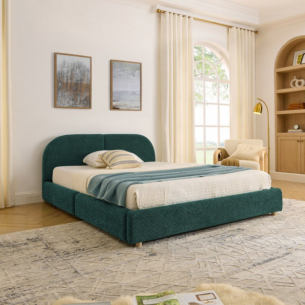 English Elm Queen Platform Bed Curved Headboard Circle Yarn Fabric with Four Wheeled Storage Drawers Green W487S00478