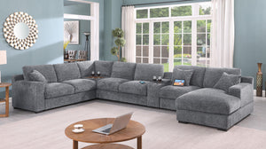 English Elm Chiara Chenille Sectional Sofa with Chaise Cupholders Usb Charging Ports Living Room Light Gray B2749S00236
