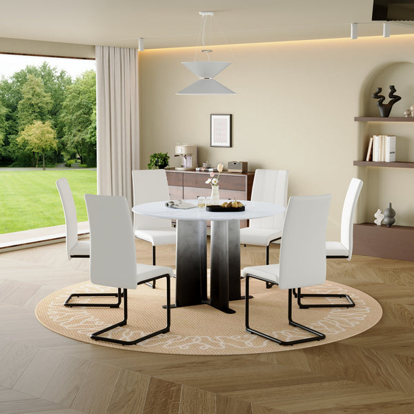 English Elm Round Mdf Dining Table with Gradient Cross Base Compact Modern Seating for Small Spaces White W3875S00028
