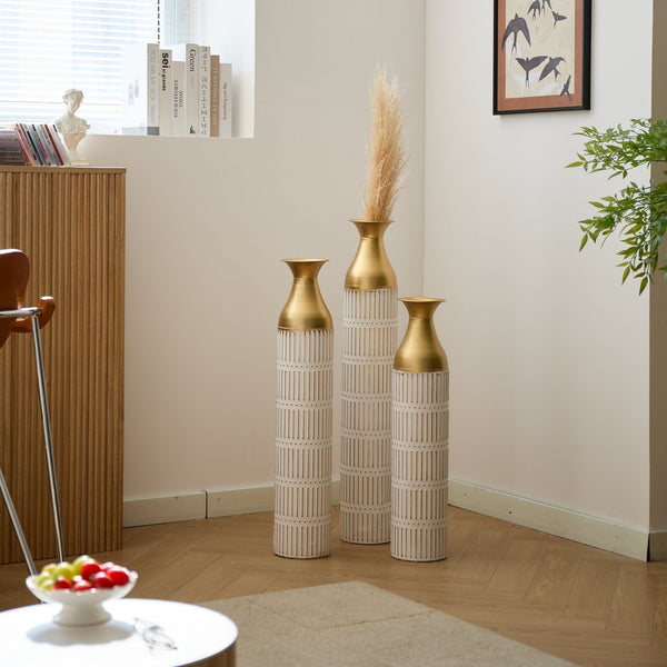 English Elm Floor White Metal Vases Set of 3 — Tall Glazed Cylinder Decor with Hammered Gold Trim, 24/28.7/33.5in W2796P193943