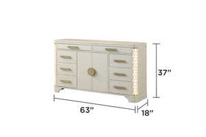 English Elm JASMINE Queen 5 Pc LED Bedroom Set with Champagne Tufted Headboard, Gold Accents & Ample Storage B009S01990