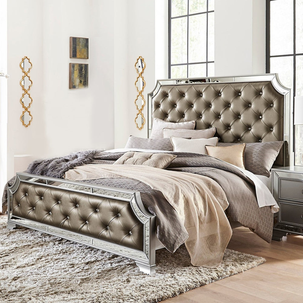 English Elm Silver Frame Queen Bed Crystal Button Tufted Headboard with Mirror Accent Glam B011S02485