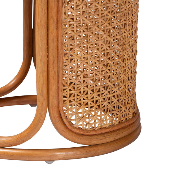 English Elm Bohemian Geometric Woven Rattan Round End Table for Living Room or Bedroom Nook B2750P420410