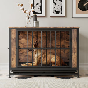 English Elm Dog Crate Furniture Table with Dual Sliding Doors Rustic Wood Mdf Pet House W840P203068