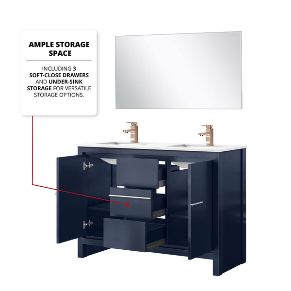 English Elm Navy Blue Double Bath Vanity 48" W With Quartz Top, Rose Gold Faucet, And Large 43" Mirror Set B2731S01704