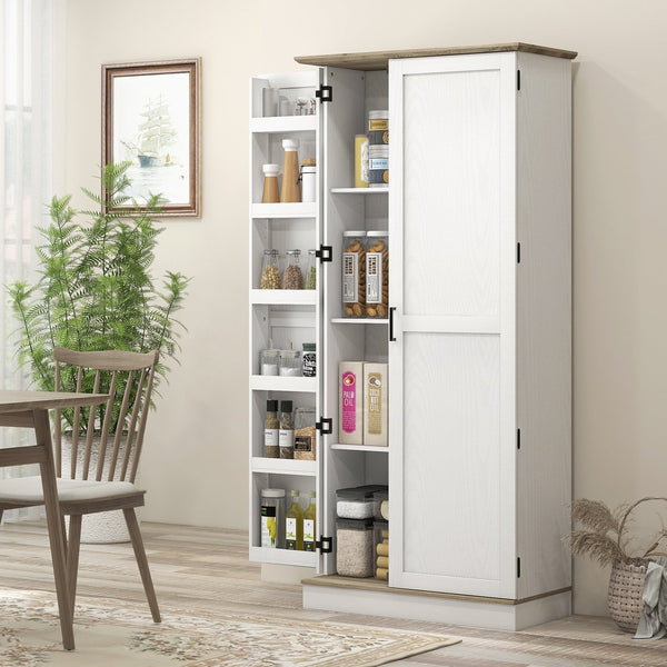 English Elm Homcom 70" Tall Kitchen Pantry Cabinet - Modern Cream White Storage With Adjustable Shelves & Spice Racks W2225P249926