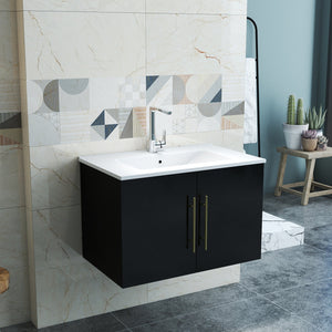English Elm 30-Inch Black Gloss Wall-Mounted Bathroom Vanity With Soft-Close Doors & Gold Handle For Modern Style W3151S00051