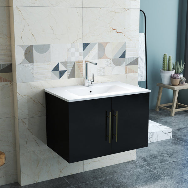 English Elm 30-Inch Black Gloss Wall-Mounted Bathroom Vanity With Soft-Close Doors & Gold Handle For Modern Style W3151S00051