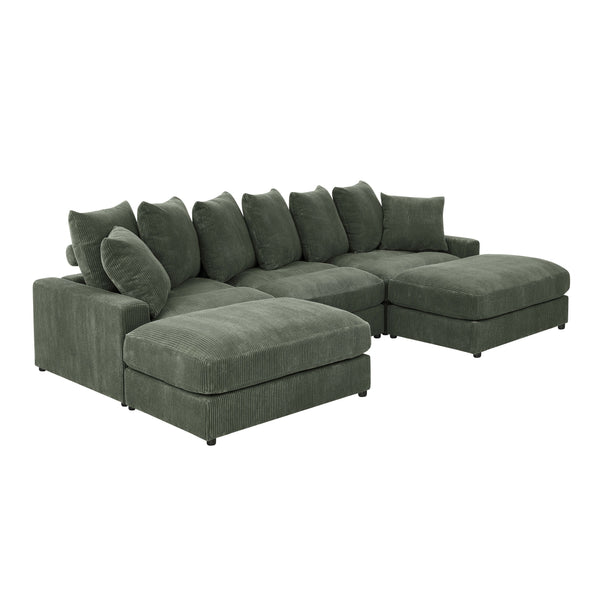 English Elm Reversible Corduroy Sectional with Ottoman Foam Cushions and Contrast Stitching Antique Green B343S00048