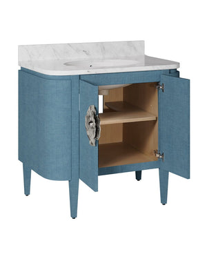 Currey & Company Briallen 36" Vanity With Elegant Carrara Marble Top And Polished Nickel Brass Flower Pull Storage Solutions Blue White Oak Solids & Veneer ,Carrara Marble ,Viterous China ,Brass 3800-0015-currey-company