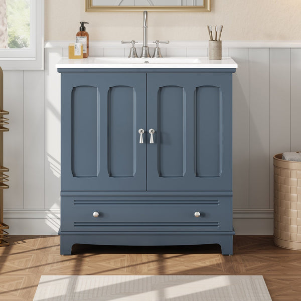 English Elm 30" Modern Bathroom Vanity with Ceramic Sink, Solid Wood Frame, Soft-Close Drawer & Adjustable Shelf Blue N710P293306C