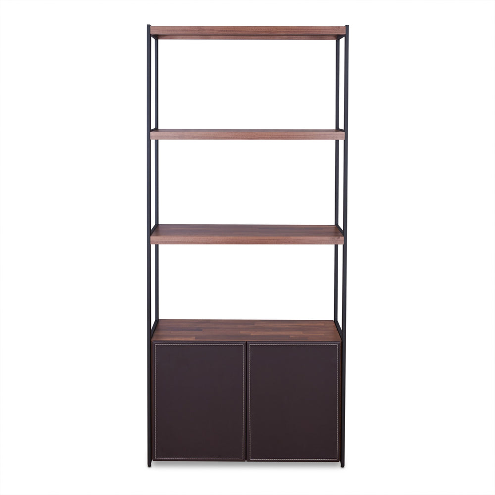 English Elm Sara Walnut & Sandy Black Finish Bookshelf with Cabinet Storage, 3 Shelves, Modern PU Design, 31" x 53" B2726P256445