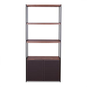 English Elm Sara Walnut & Sandy Black Finish Bookshelf with Cabinet Storage, 3 Shelves, Modern PU Design, 31" x 53" B2726P256445