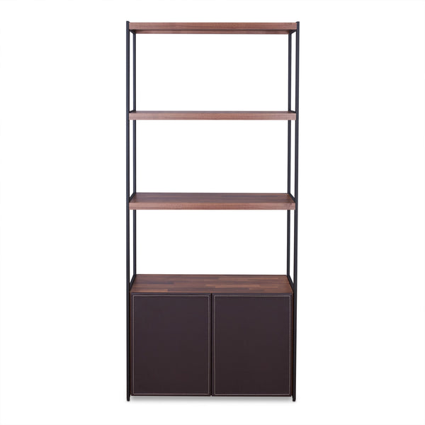 English Elm Sara Walnut & Sandy Black Finish Bookshelf with Cabinet Storage, 3 Shelves, Modern PU Design, 31" x 53" B2726P256445