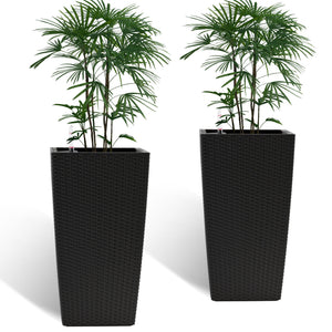English Elm Pack of 2 Tall Square Faux Rattan Outdoor Planters with Auto Watering Patio Porch Set Black W3213P311468