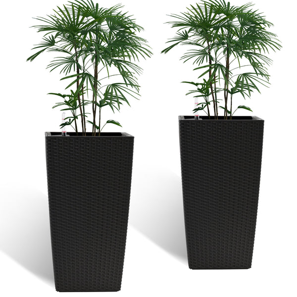 English Elm Pack of 2 Tall Square Faux Rattan Outdoor Planters with Auto Watering Patio Porch Set Black W3213P311468