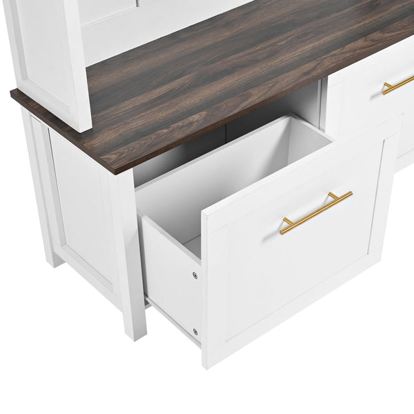 English Elm On-trend Entryway Hall Tree with Gold Hooks Bench Drawers and Shoe Cabinet Storage White N721S000056K-1