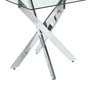 English Elm Dining Table Square Tempered Glass Top Cross Metal Base Modern Space Saving Design W234P235266