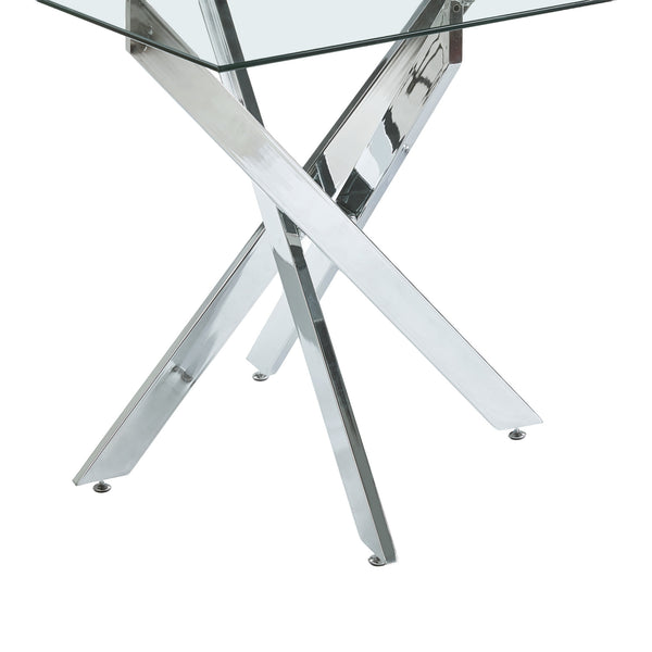 English Elm Dining Table Square Tempered Glass Top Cross Metal Base Modern Space Saving Design W234P235266