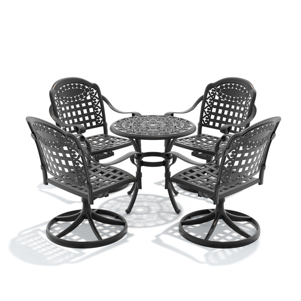English Elm 5-piece Outdoor Cast Aluminum Bistro Set with Ornate Swivel Chairs and Round Patio Table W1710S00683