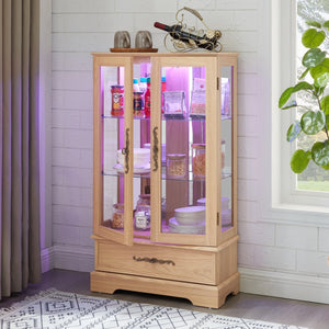 English Elm Lighted Glass Curio Display Cabinet - Elegant Oak Finish, Led Lighting, Adjustable Shelves & Secure Storage W1758P290020