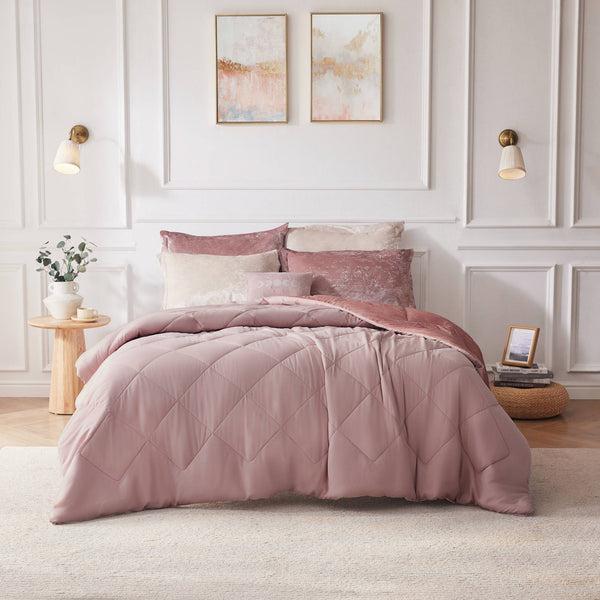 JLA Home Intelligent Design - Velvet Felicia Crushed Duvet Cover Set with Quilted Diamond Texture, Throw Pillow & Button Closure Blush ID12-1783