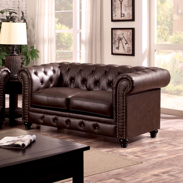 English Elm Contemporary Button-Tufted Loveseat with Nailhead Trim and Rolled Arms in Leatherette, Chic Design Brown 68 L x 30 W x 38 H B2741P322611