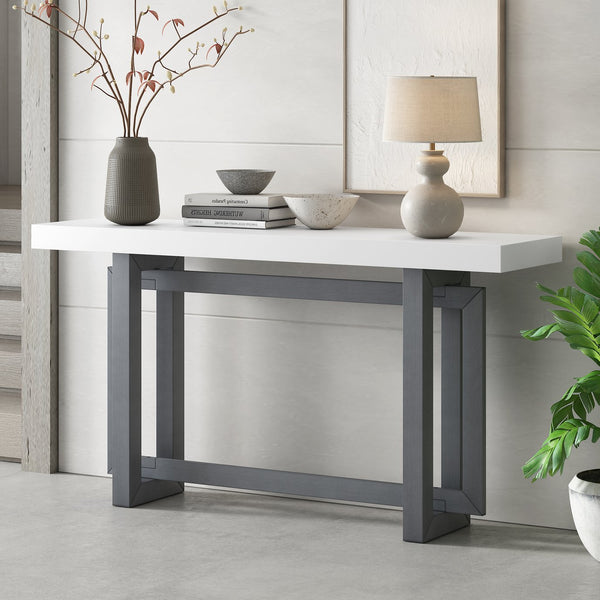 English Elm U_style Farmhouse Console Table with Three Drawers Open Shelf Entryway Organizer Dark Gray+White N711P410422M