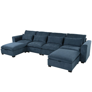 English Elm U_style Modular U-shaped Sectional Sofa Six Seat Linen Fabric with Storage Ottomans Dark Blue WY000491AAC
