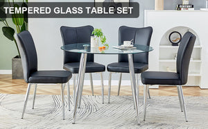 English Elm Table And Chair Set - Modern 38.6" Glass Dining Table With Silver Legs & 4 Stylish Black Pu Chairs W1151S03821-GIGA