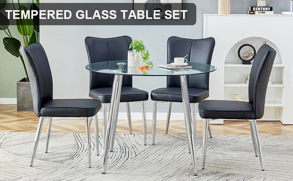 English Elm Table And Chair Set - Modern 38.6" Glass Dining Table With Silver Legs & 4 Stylish Black Pu Chairs W1151S03821-GIGA