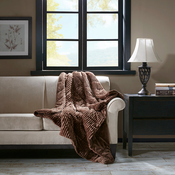 JLA Home Madison Park - Oversized Plush Down Alternative Throw for Luxurious Warmth — Ribbed Face, Box Quilted, Machine-Washable Comfort Brown BASI50-0427