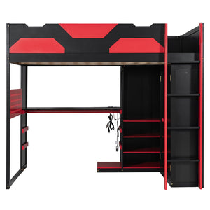 English Elm Full Size Loft Bed with Rgb Lighting Usb Charging Desk Wardrobe and Storage Shelves Red LT000387AAJ