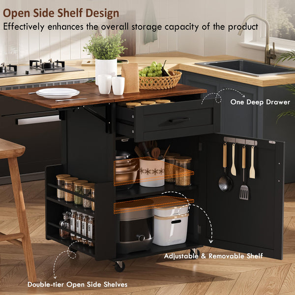 English Elm K&k Farmhouse Rolling Kitchen Cart with Drop Leaf Drawer Open Rack Lockable Wheels Black N707P404539B