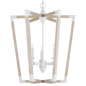 Bastian Sandstone Lantern - Elegant Arts & Crafts Inspired Chandelier in Sugar White and Wood Finish