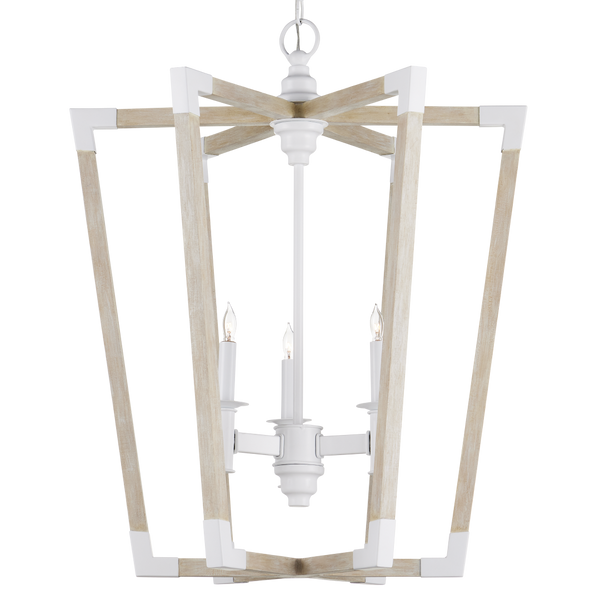 Bastian Sandstone Lantern - Elegant Arts & Crafts Inspired Chandelier in Sugar White and Wood Finish