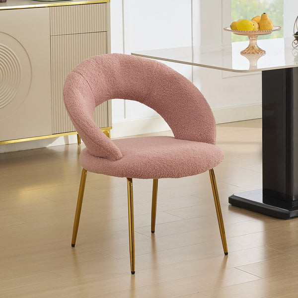 English Elm 061-Set Of 1 Plush Pink Teddy Fabric Dining Chair With Gold Legs - Ergonomic Design & Cozy Elegance W527P255486