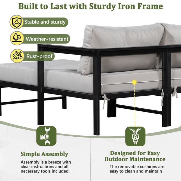 English Elm U_style Outdoor L-shaped Sectional Iron Frame Patio Sofa with Thick Foam Cushions Gray WY000480AAE