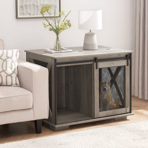 English Elm Farmhouse Dog Cage Crate Furniture with Sliding Barn Door, Secure Metal Latch, Flip-Up Top Access and Removable Divider for Small to Large Dogs (40.94x30.51x6.69) Gray Wash W2275P164727