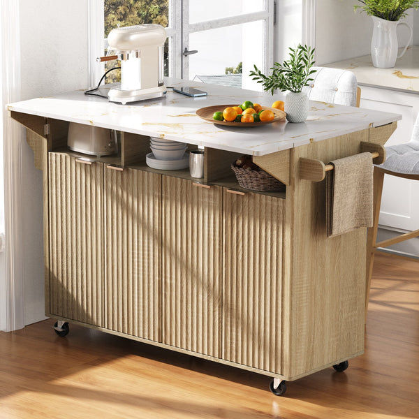 English Elm K&k Fluted Rolling Kitchen Island Faux Marble Top Power Outlet Storage Drawers Natural N707P353934Y