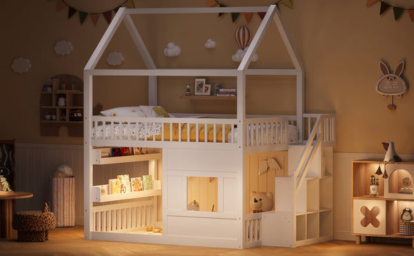 English Elm Full Size Solid Wood House Bed with Led Shelf Lighting for Kids Bedroom White N7500005026K