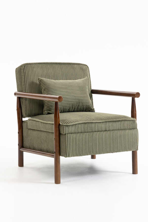 English Elm Storage Accent Chair Mid Century Wood Frame Upholstered Seat with Lumbar Cushion Antique Green W2530P401455