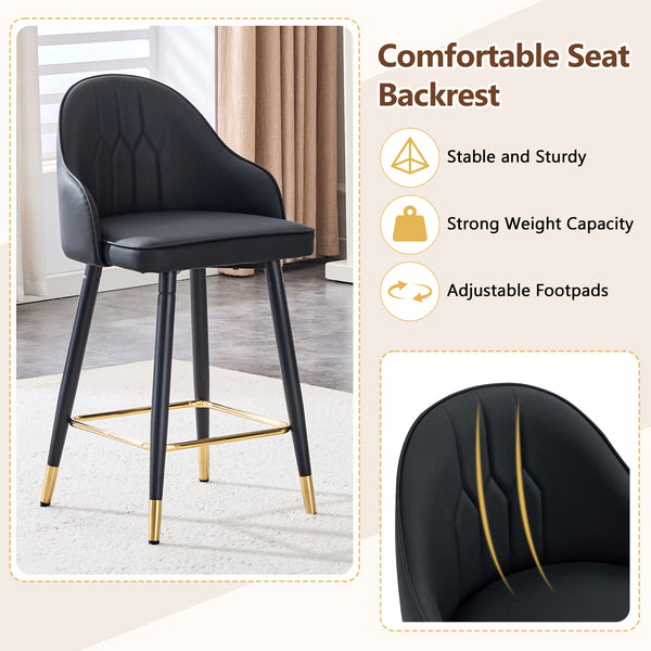 English Elm Set of 2 Pu Leather Barstools with Gold Footrest Curved Back for Kitchen Island Black W1151P383770