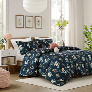 English Elm 4-piece Whimsical Mushroom Floral Microfiber Comforter Set with Shaped Accent Pillow Navy Multi B035P482879
