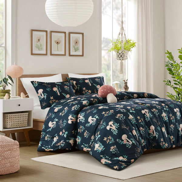 English Elm 4-piece Whimsical Mushroom Floral Microfiber Comforter Set with Shaped Accent Pillow Navy Multi B035P482879