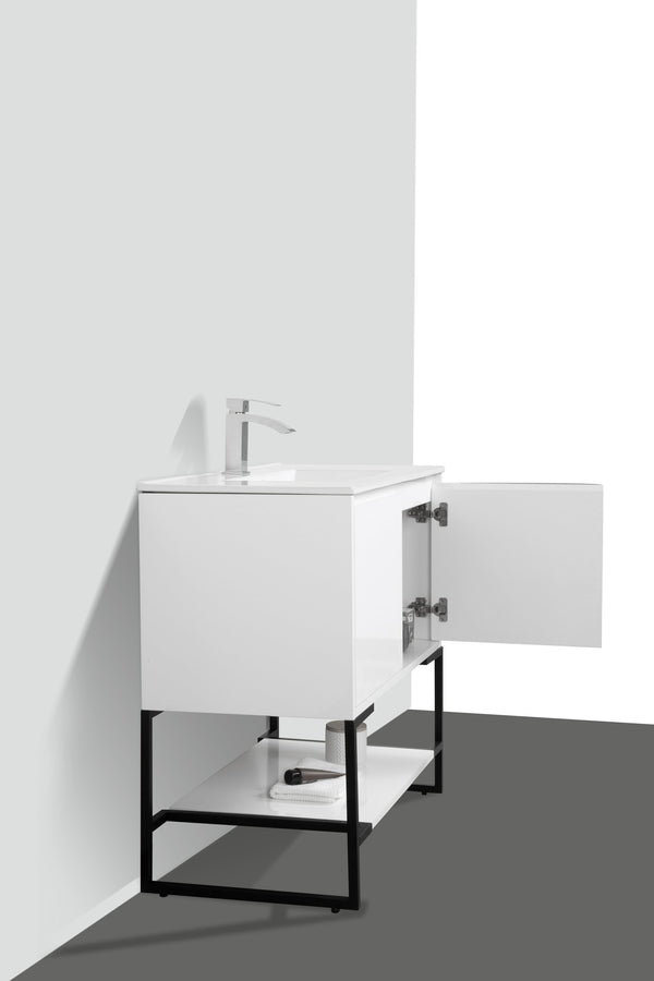 English Elm 36" Floating Bathroom Vanity Base Glossy White Wall Mount Soft Close Cabinet W1920P263626